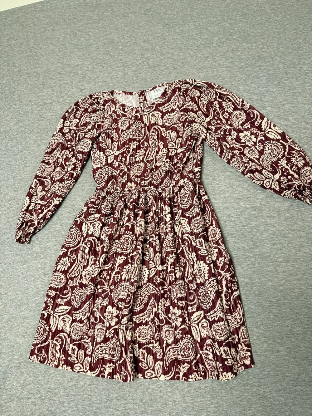 Zara Print Long Sleeve Dress in Burgundy and Cream